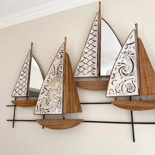 MURAL METÁLICO CON VELEROS EN MADERA Y ESPEJOS