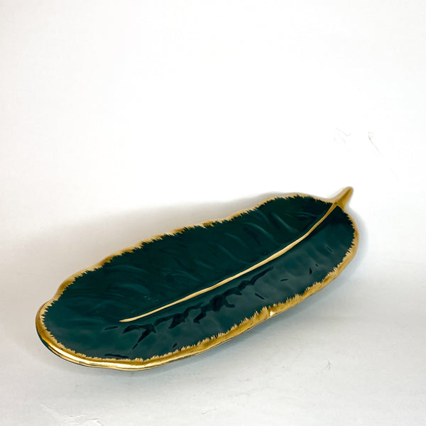 BANDEJA CERAMICA DISEÑO PLUMA VERDE Y DORADO