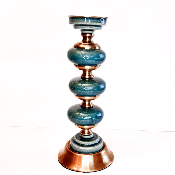 CANDELABRO DE CERAMICA Y METAL TURQUESA Y DORADO