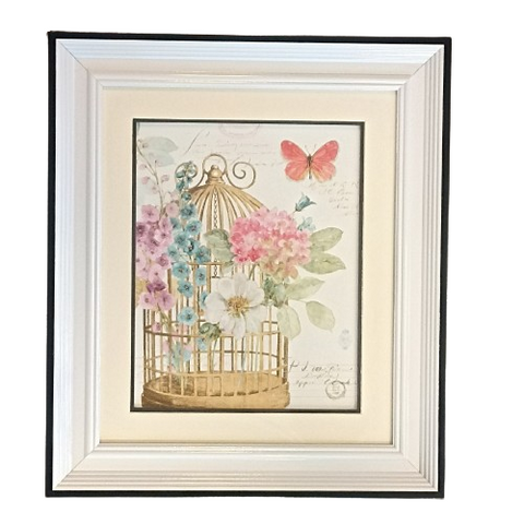 CUADRO LÁMINA VINTAGE JAULA CON MARIPOSA ENMARCADO
