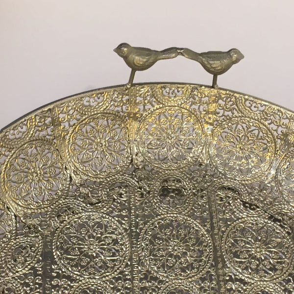 BANDEJA REDONDA 41 CMS DIAMETRO METÁLICA COLOR PLATA CON MANILLAS PAJARO