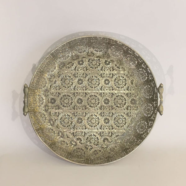 BANDEJA REDONDA 41 CMS DIAMETRO METÁLICA COLOR PLATA CON MANILLAS PAJARO