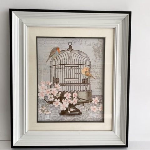 CUADRO LÁMINA VINTAGE JAULA DE PÁJAROS GRIS Y AMARILLO ENMARCADO