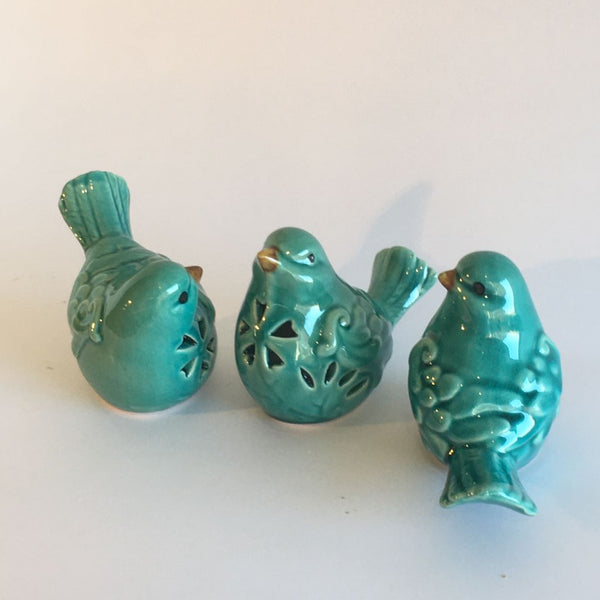 SET DE 3 PÁJAROS TURQUESA DE CERÁMICA CON CALADOS