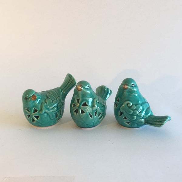 SET DE 3 PÁJAROS TURQUESA DE CERÁMICA CON CALADOS