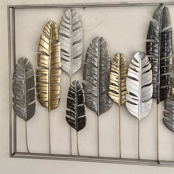 CUADRO MURAL METÁLICO HOJAS COLOR PLATA Y DORADO