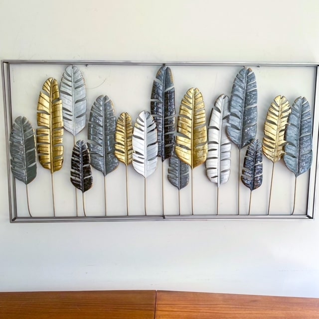 CUADRO MURAL METÁLICO HOJAS COLOR PLATA Y DORADO