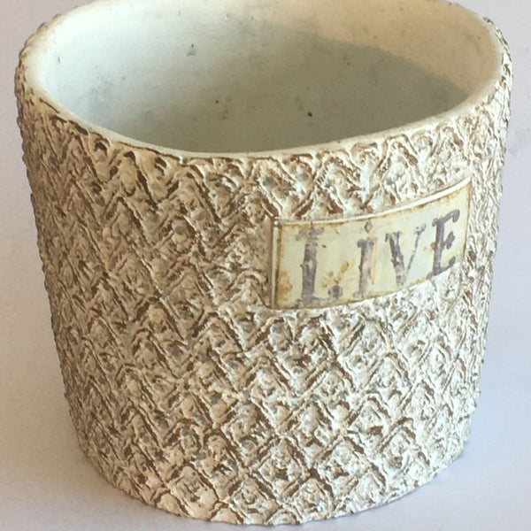 MACETERO CERÁMICA VINTAGE CON LOGO LIVE ALTO 11 CMS X 13,5 D