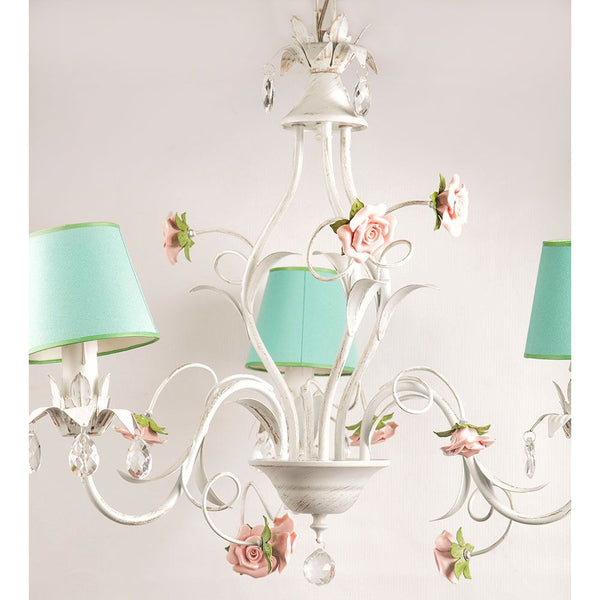 LÁMPARA BLANCA COLGANTE CON ROSAS DE PORCECLANA 3 LUCES