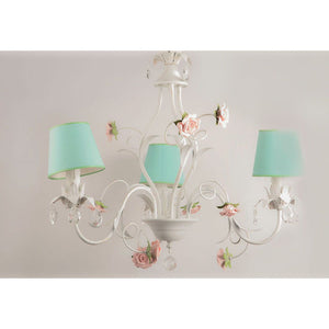 LÁMPARA BLANCA COLGANTE CON ROSAS DE PORCECLANA 3 LUCES