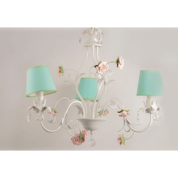 LÁMPARA BLANCA COLGANTE CON ROSAS DE PORCECLANA 3 LUCES