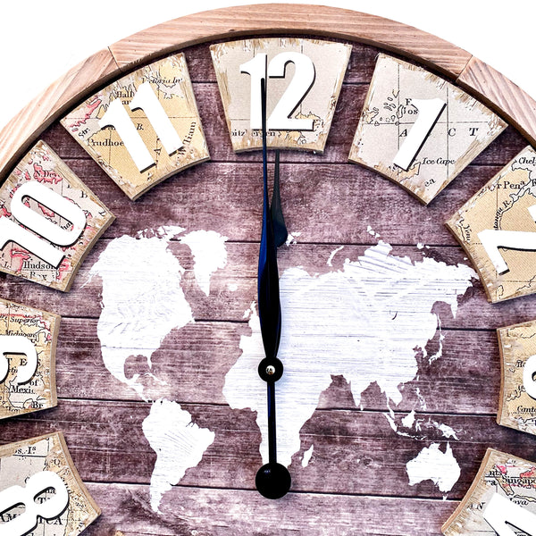 RELOJ DE PARED MADERA MAPA BLANCO, 60 CM DIÁMETRO.