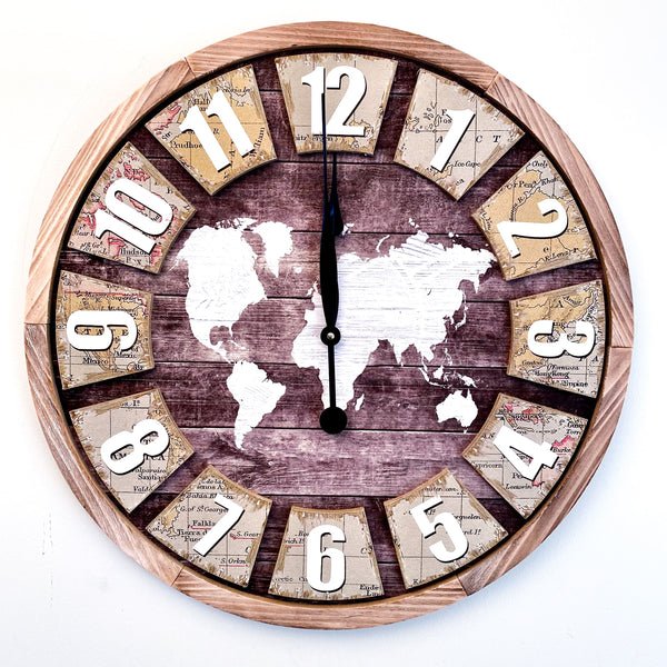 RELOJ DE PARED MADERA MAPA BLANCO, 60 CM DIÁMETRO.
