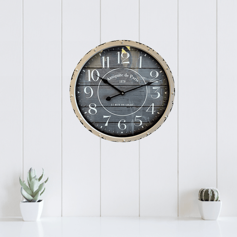 RELOJ DE PARED MADERA GRIS ANTIQUITE DE PARIS, 40 CM DIÁMETRO.