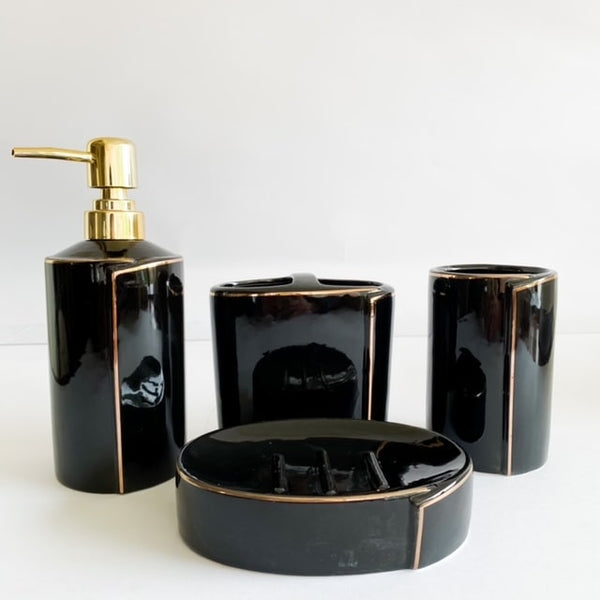 SET BAÑO LUXURY BIG 4 PIEZAS NEGRO Y DORADO