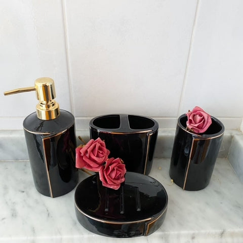 SET BAÑO LUXURY BIG 4 PIEZAS NEGRO Y DORADO