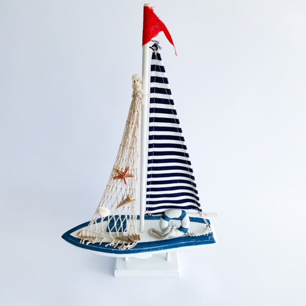 VELERO DE MADERA BLANCO AZUL Y SOGA CON PEDESTAL