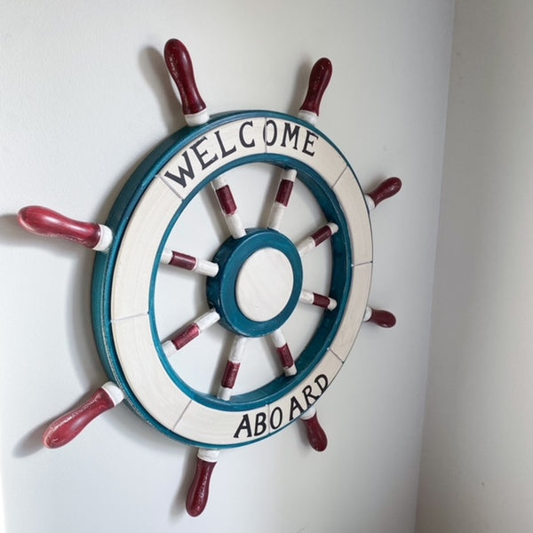 TIMÓN MURAL DE MADERA BLANCO AZUL 63 CM